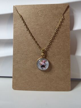 Gold Cat Pendant Necklace with Pink Accent